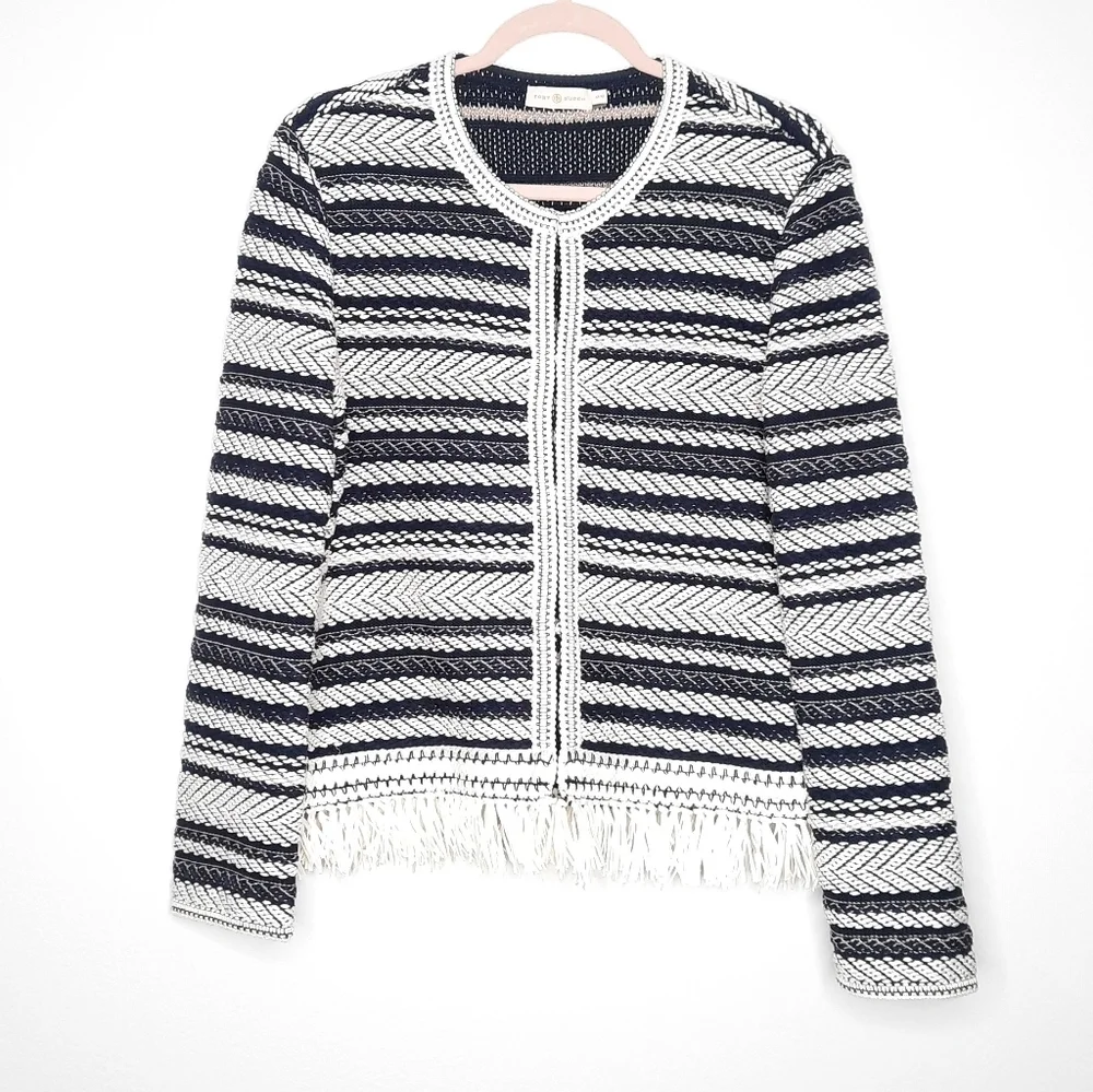 Tory Burch Navy & Cream Payton Fringe Cardigan Sweater M
